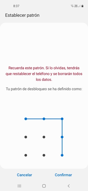 Dibuje de nuevo el patrón de desbloqueo y seleccione Confirmar