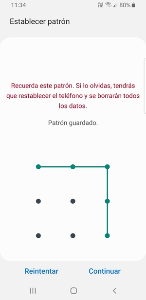 Dibuje un patrón de desbloqueo y seleccione Continuar