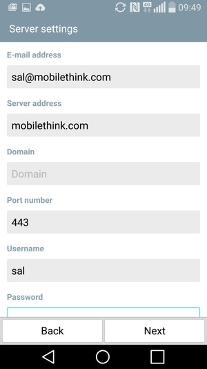 Enter Exchange server address and Username. Select Next