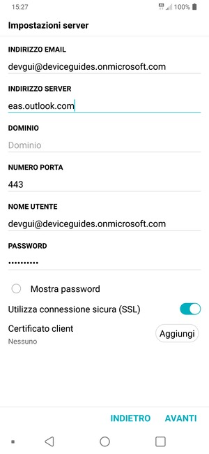 Inserisci l'indirizzo del server Exchange e NOME UTENTE. Seleziona AVANTI