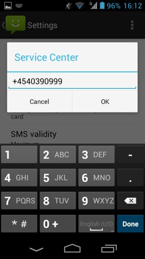 Enter the SMS Service Center number and select OK