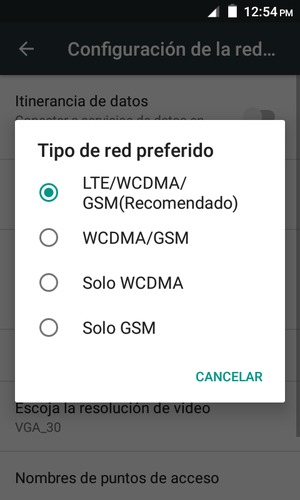 Seleccione WCDMA/GSM para habilitar 3G y LTE/WCDMA/GSM(Recomendado) para habilitar 4G