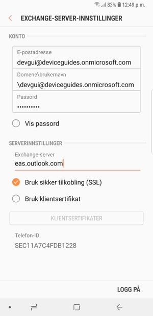 Skriv inn Brukernavn og Exchange serveradresse. Velg LOGG PÅ