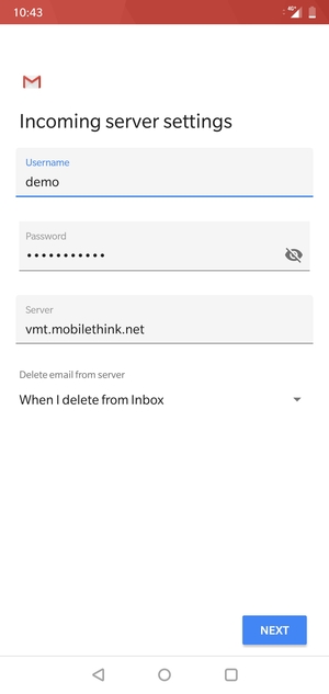 Enter Username and Incoming server address. Select NEXT