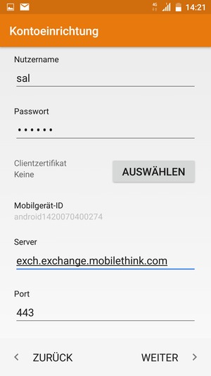 Geben Sie Nutzername und Exchange Server-Adresse ein. Wählen Sie WEITER