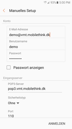 Geben Sie Benutzername und die Server-Adresse für eingehende Post ein