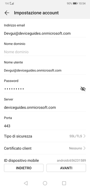 Inserisci l'indirizzo del server Exchange e seleziona AVANTI
