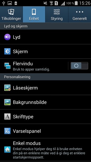For å aktivere skjermlåsen, gå til Innstillinger-menyen og velg Enhet / Min enhet