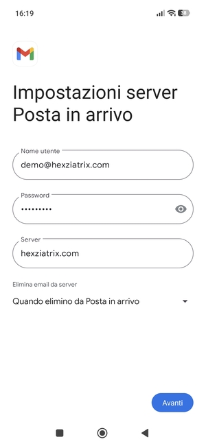 Inserisci Nome utente e l'indirizzo del server di posta in arrivo. Seleziona Avanti