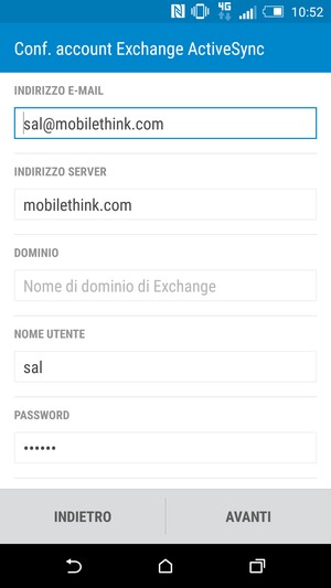 Inserisci l'indirizzo del server Exchange e Nome utente. Seleziona AVANTI