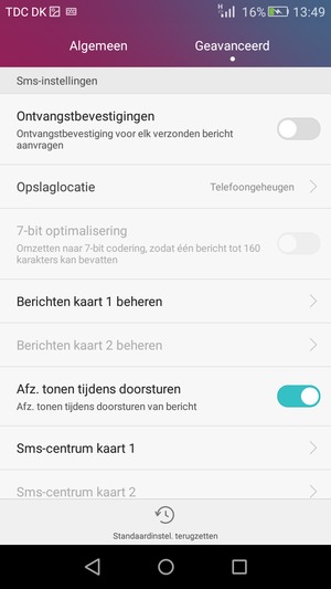 Selecteer Sms-centrum kaart 1 of Sms-centrum kaart 2