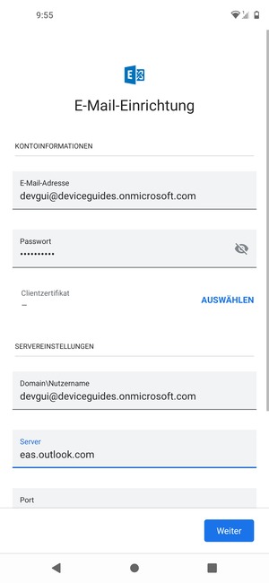 Geben Sie Benutzername und Exchange Server-Adresse ein. Wählen Sie Weiter