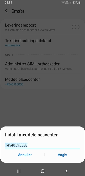 Indtast Meddelelsescenter nummeret og vælg Angiv