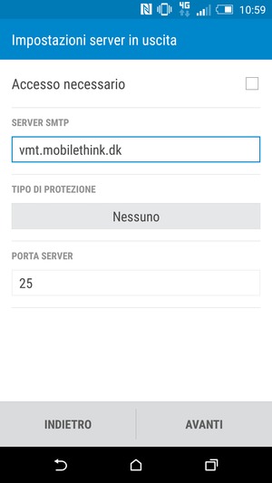 Inserisci l'indirizzo del server di posta in uscita e seleziona AVANTI