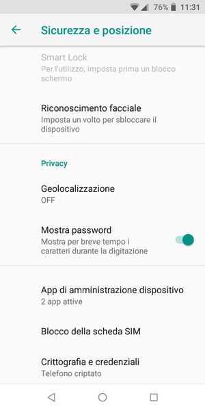 Per cambiare il PIN della scheda SIM, torna al menu Sicurezza e posizione e seleziona Blocco della scheda SIM
