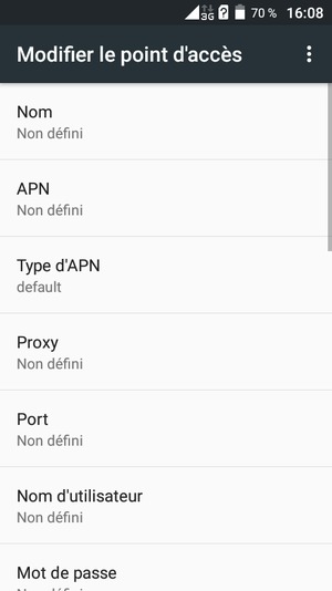 Saisissez les informations Internet et sélectionnez Type d'APN