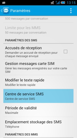 Faites défiler et sélectionnez Centre de service SMS