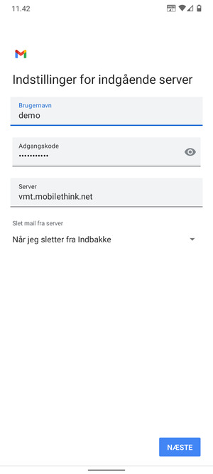 Indtast Brugernavn og indgående serveradresse. Vælg NÆSTE