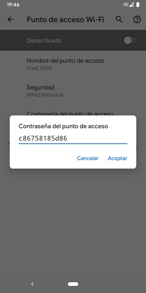 Introduzca una contraseña de punto de acceso Wi-Fi de al menos 8 caracteres y seleccione Aceptar