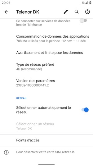 Désactiver le Sélectionner automatiquement le réseau