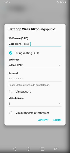 Skriv inn et passord på minst 8 tegn og velg LAGRE