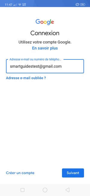 Saisissez votre adresse Gmail et sélectionnez Suivant