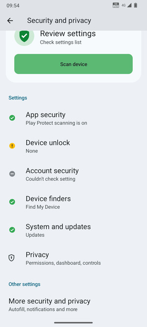 To change the PIN for the SIM card, go to the Security and privacy menu and scroll to and select More security and privacy