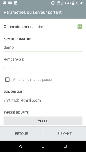 Saisissez l'adresse du serveur sortant