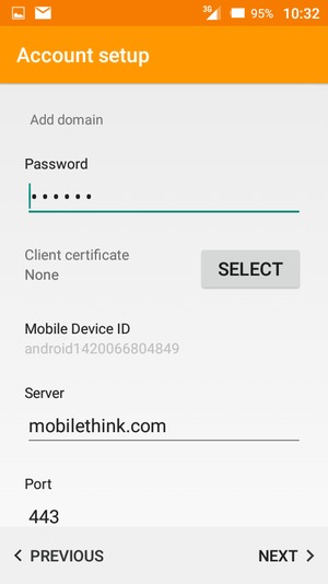 Scroll down and enter Exchange server address. Select NEXT