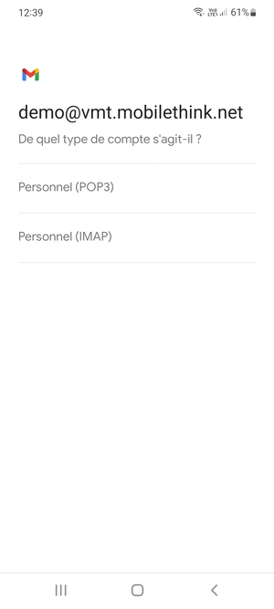 Sélectionnez Personnel (POP3) ou Personnel (IMAP)