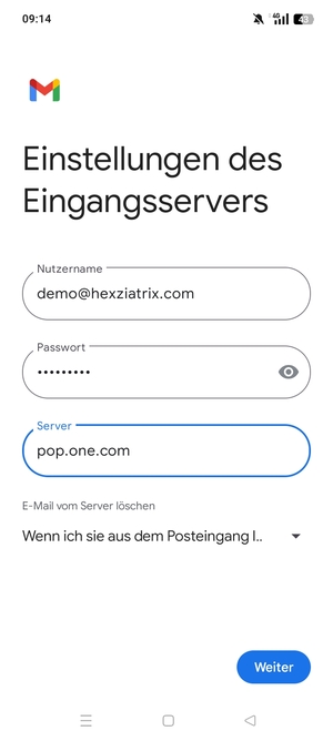 Geben Sie Benutzername und die Server-Adresse für eingehende Post ein. Wählen Sie Weiter