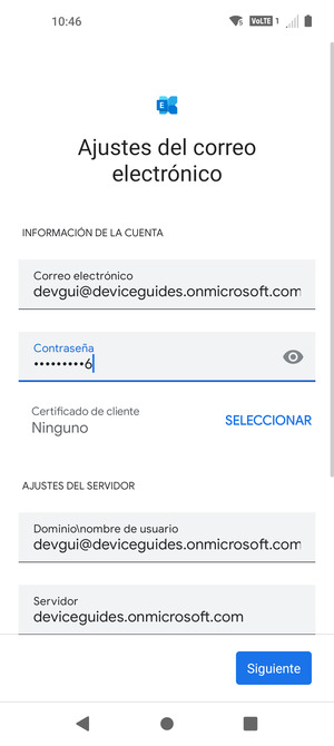 Introduzca Nombre de usuario y la dirección de servidor Exchange. Seleccione Siguiente