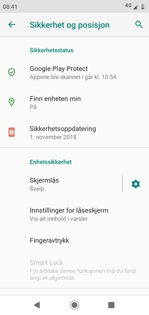 For å aktivere skjermlåsen, gå til Sikkerhet og posisjon-menyen og velg Skjermlås
