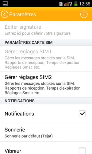 Faites défiler et sélectionnez Gérer réglages SIM1 ou Gérer réglages SIM2