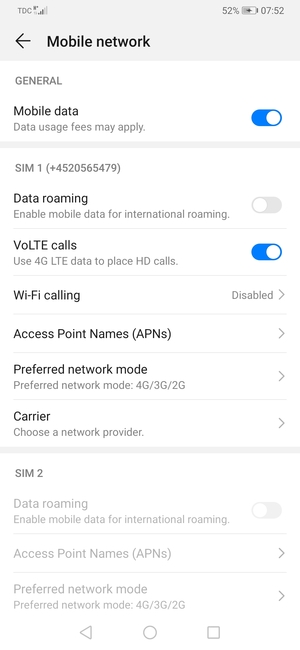 Scroll to SIM 1 or SIM 2 and select Preferred network mode