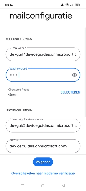 Voer Gebruikersnaam en Exchange serveradres in. Selecteer Volgende