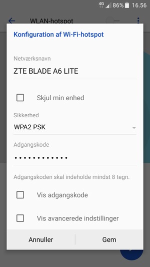 Indtast en Wi-Fi-hotspot adgangskode på minimum 8 tegn og vælg Gem