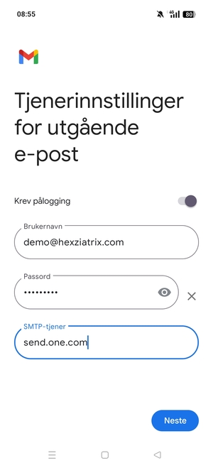 Skriv inn utgående serveradresse og velg Neste