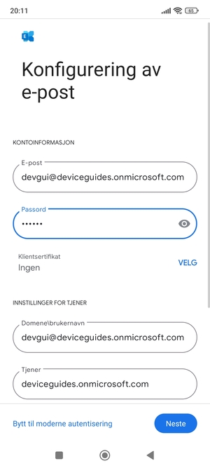 Skriv inn Brukernavn og Exchange serveradresse. Velg Neste