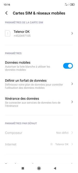 Sélectionnez Itinérance des données