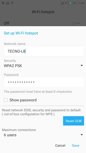Enter a Wi-Fi hotspot password of at least 8 characters and select Save