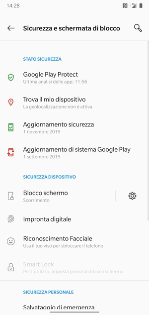 Per attivare il blocco dello schermo, vai al menu Sicurezza e shcermata di blocco e seleziona Blocco schermo