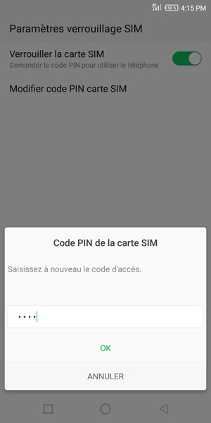 Veuillez confirmer votre nouveau code PIN de la carte SIM et sélectionner OK
