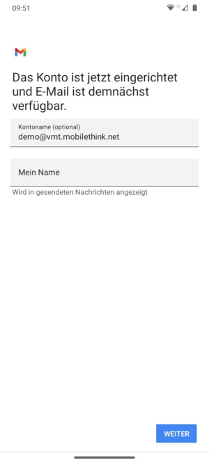 Geben Sie Ihrem Konto einen Namen und geben Sie Ihren Namen ein. Wählen Sie WEITER