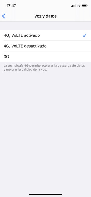 Para habilitar 4G, seleccione 4G, VoLTE activado o 4G, VoLTE desactivado