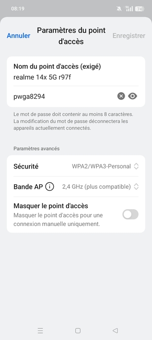 Saisissez un mot de passe de hotspot Wi-Fi d'au moins 8 caractères et sélectionnez Enregistrer