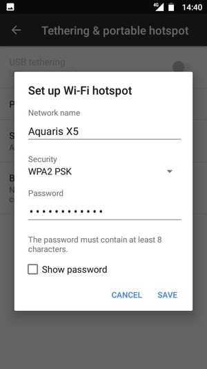 Enter a Wi-Fi hotspot password of at least 8 characters and select SAVE