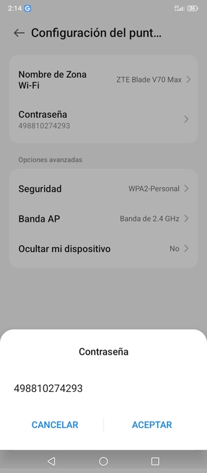 Introduzca una contraseña de punto de acceso Wi-Fi de al menos 8 caracteres y seleccione ACEPTAR