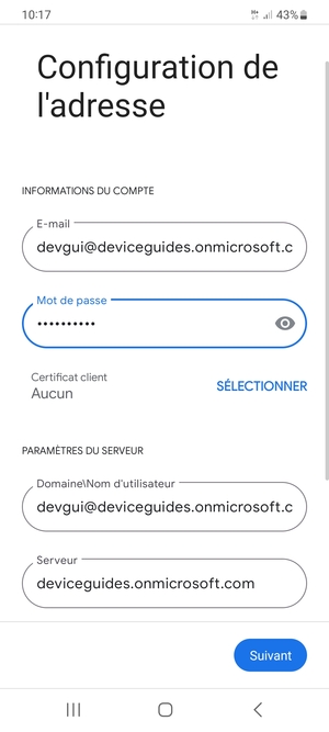 Saisissez votre Nom d'utilisateur et l'adresse du serveur Exchange. Sélectionnez Suivant