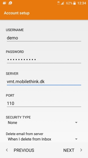 Enter USERNAME and Incoming server address. Select NEXT